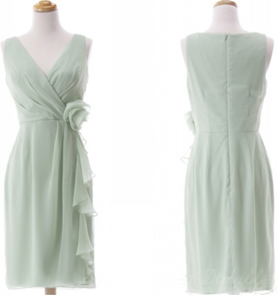 Short Chiffon Bridesmaid Dress with V Neck Sage