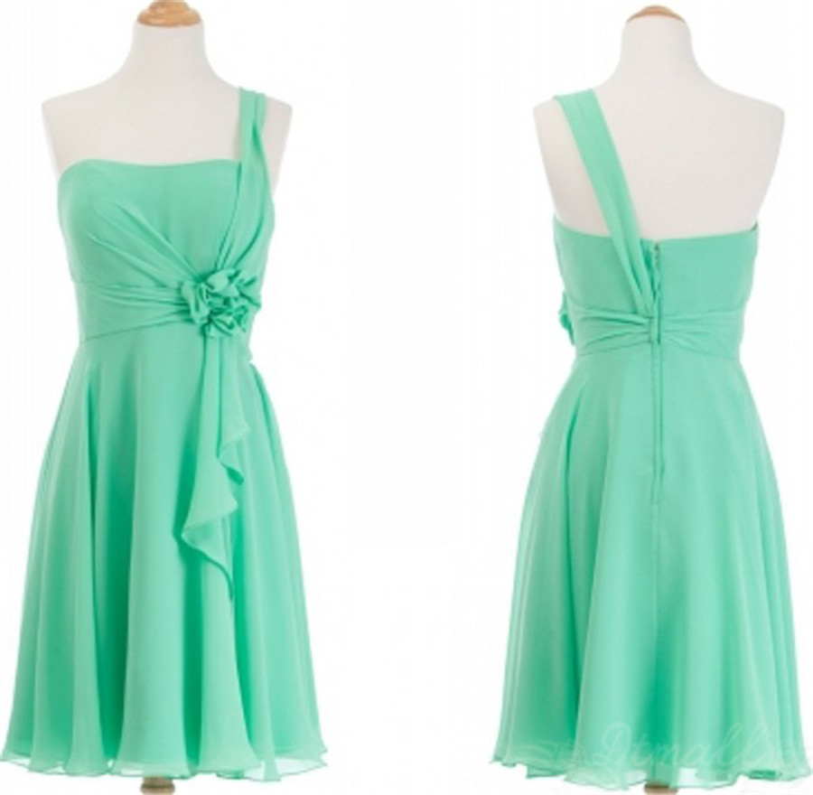 Green One Shoulder Chiffon Bridesmaid Dress Short Prom Dress Party ...