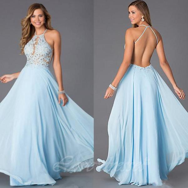 Lace Hang A Neck Long Prom Dress Backless Chiffon Evening Gown Party ...